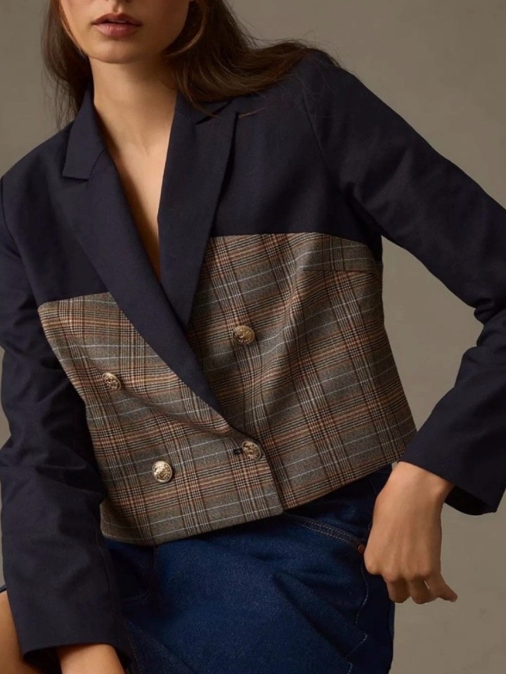 Tailored Navy and Brown Plaid Double-Breasted Blazer